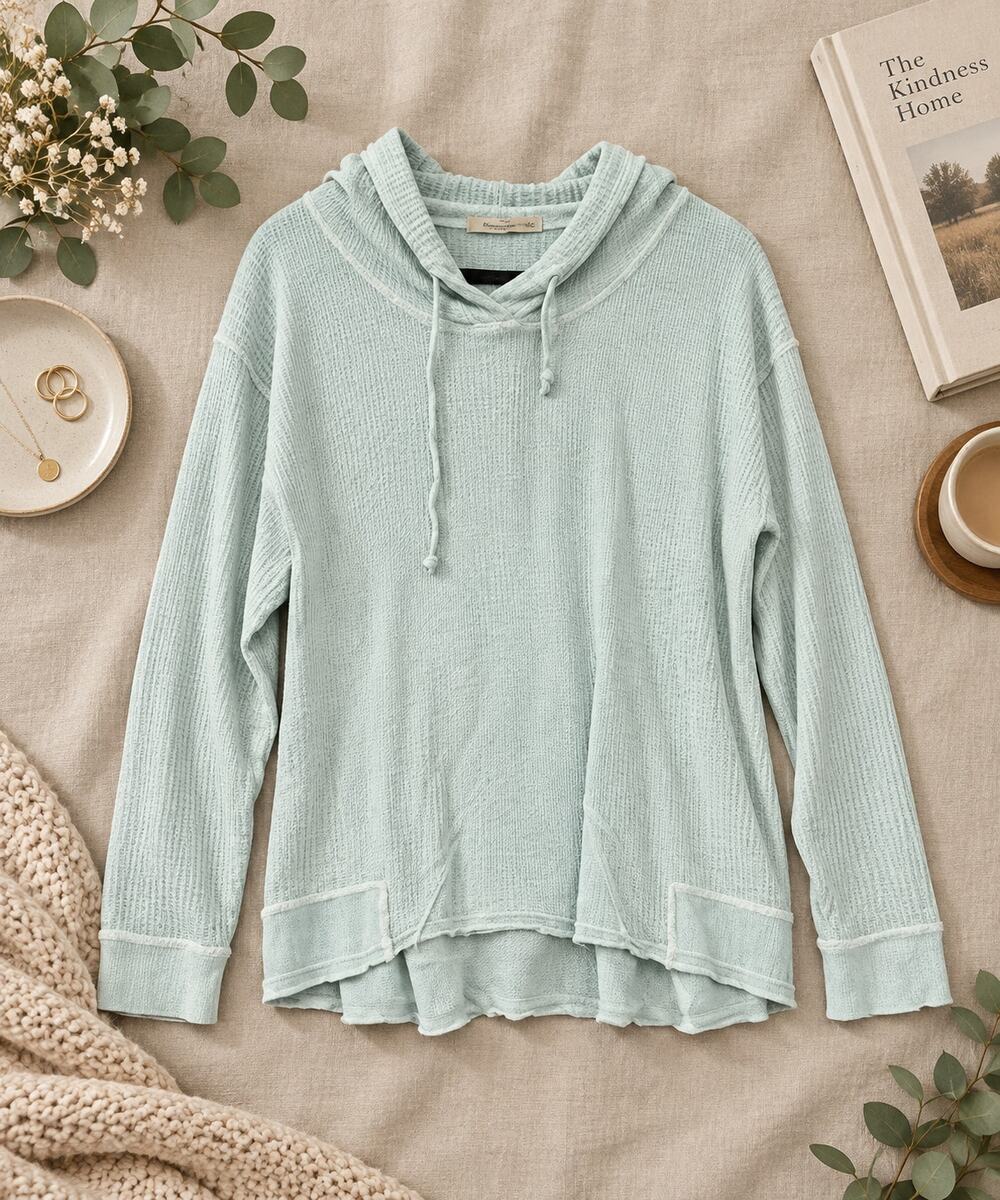 Wearables Blue Waffle Knit Thermal Hoodie Pullover Slouchy Lagenlook Top SZ XL